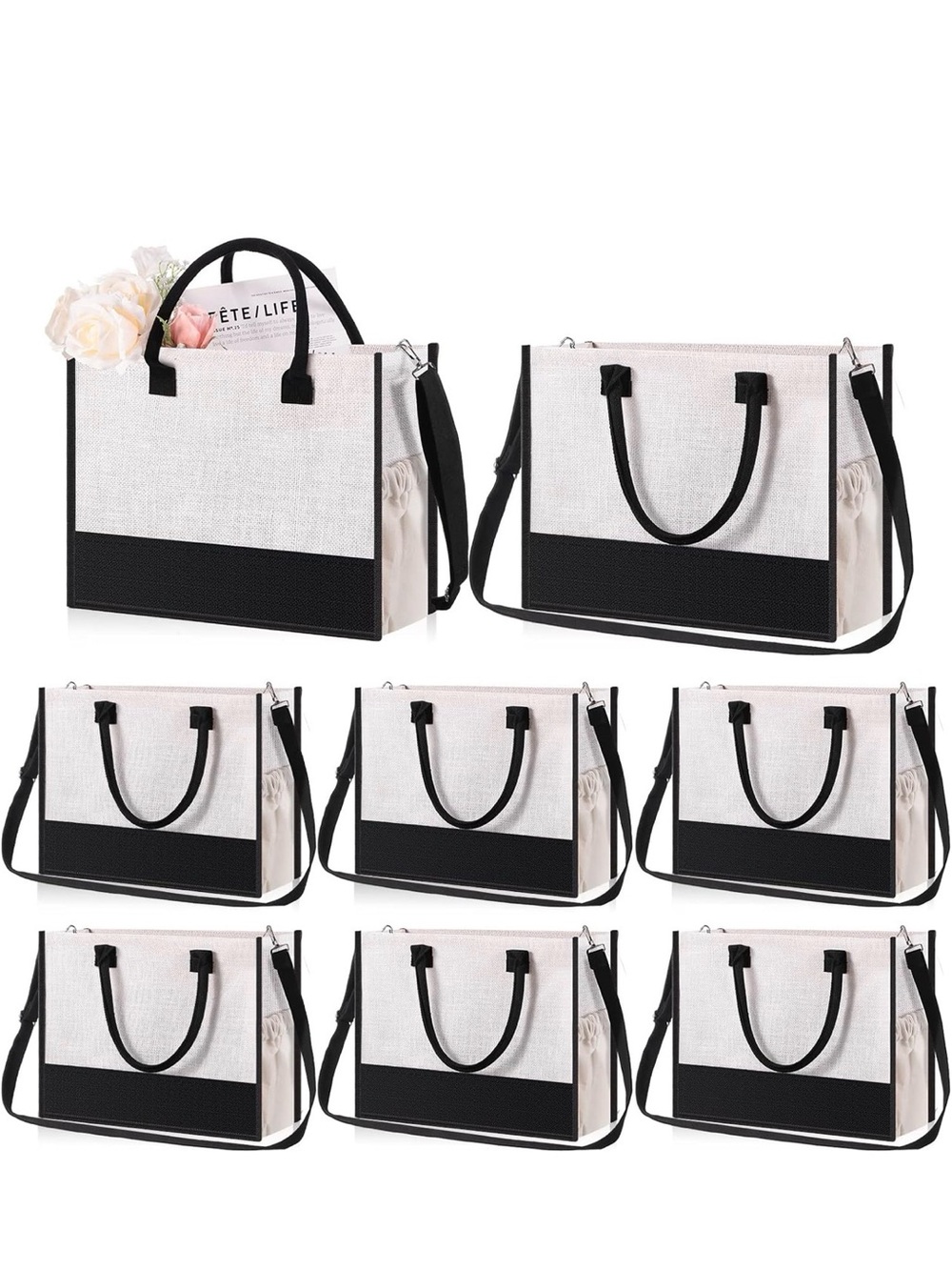 Canvas Tote Handbag with Black Trim - Versatile Women’s Bag set of 8